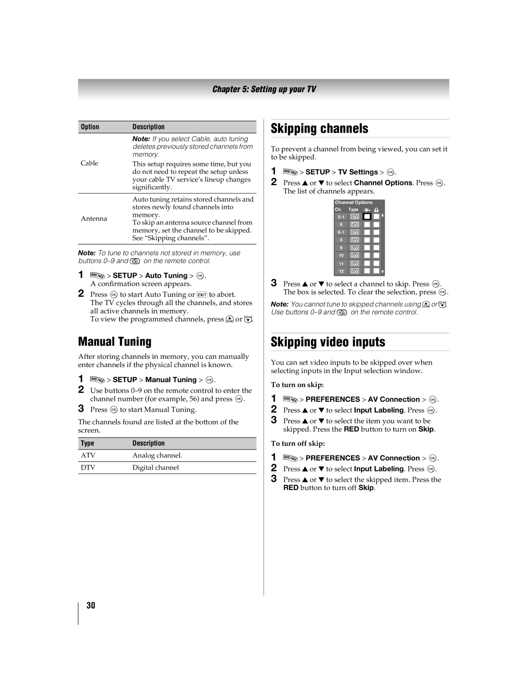 Toshiba 55WX800U, 46WX800U manual Skipping channels, Skipping video inputs, Manual Tuning 