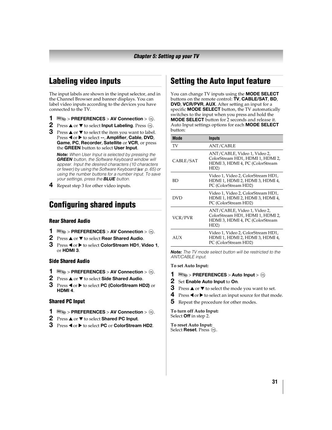 Toshiba 55WX800U, 46WX800U manual Labeling video inputs, Setting the Auto Input feature, Configuring shared inputs 