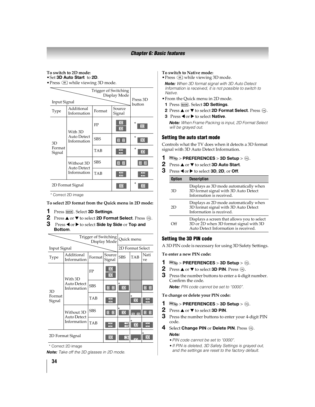 Toshiba WX800U, 55WX800 Setting the auto start mode, Setting the 3D PIN code, Option Description, Preferences 3D Setup OK 