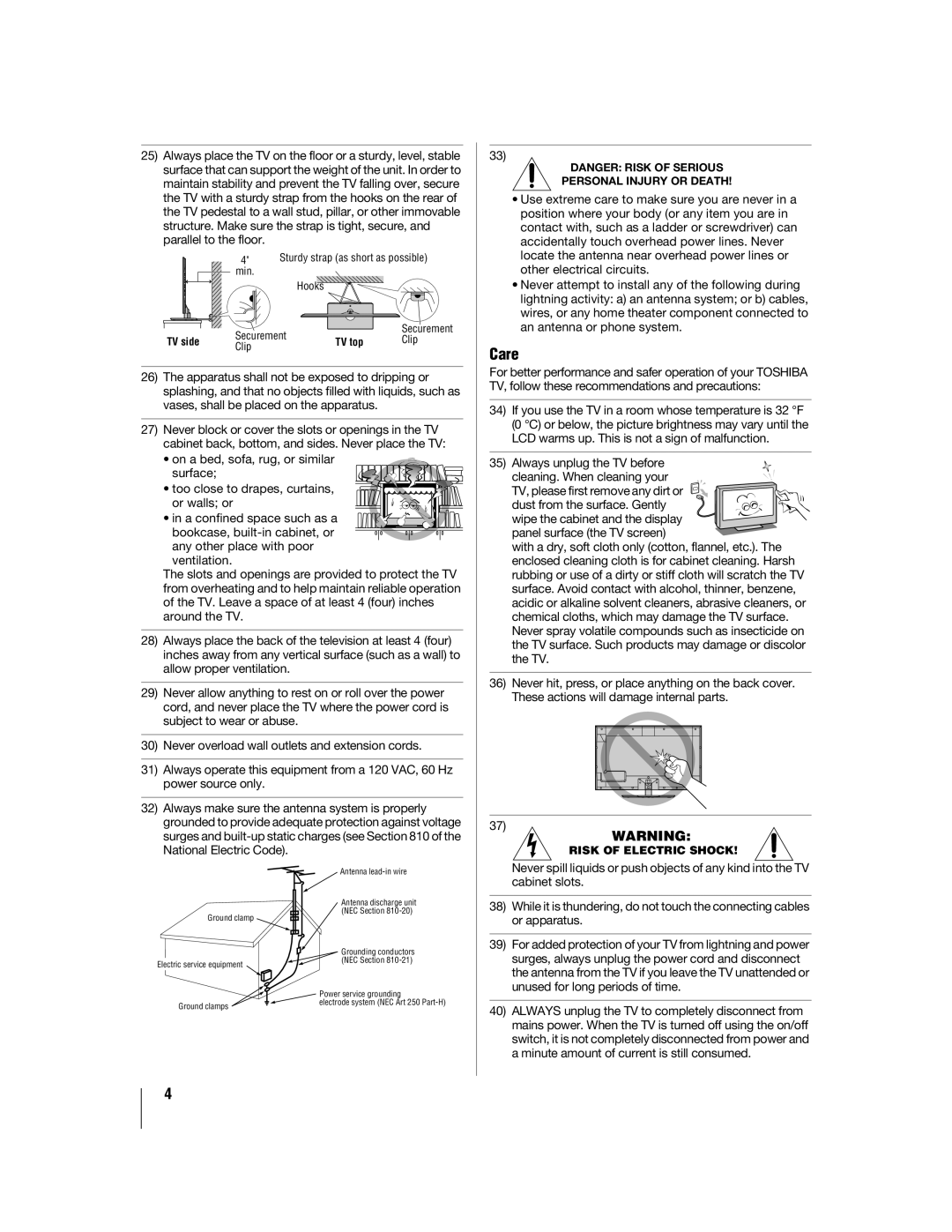 Toshiba 55WX800U, 46WX800U manual Care, Risk of Electric Shock 