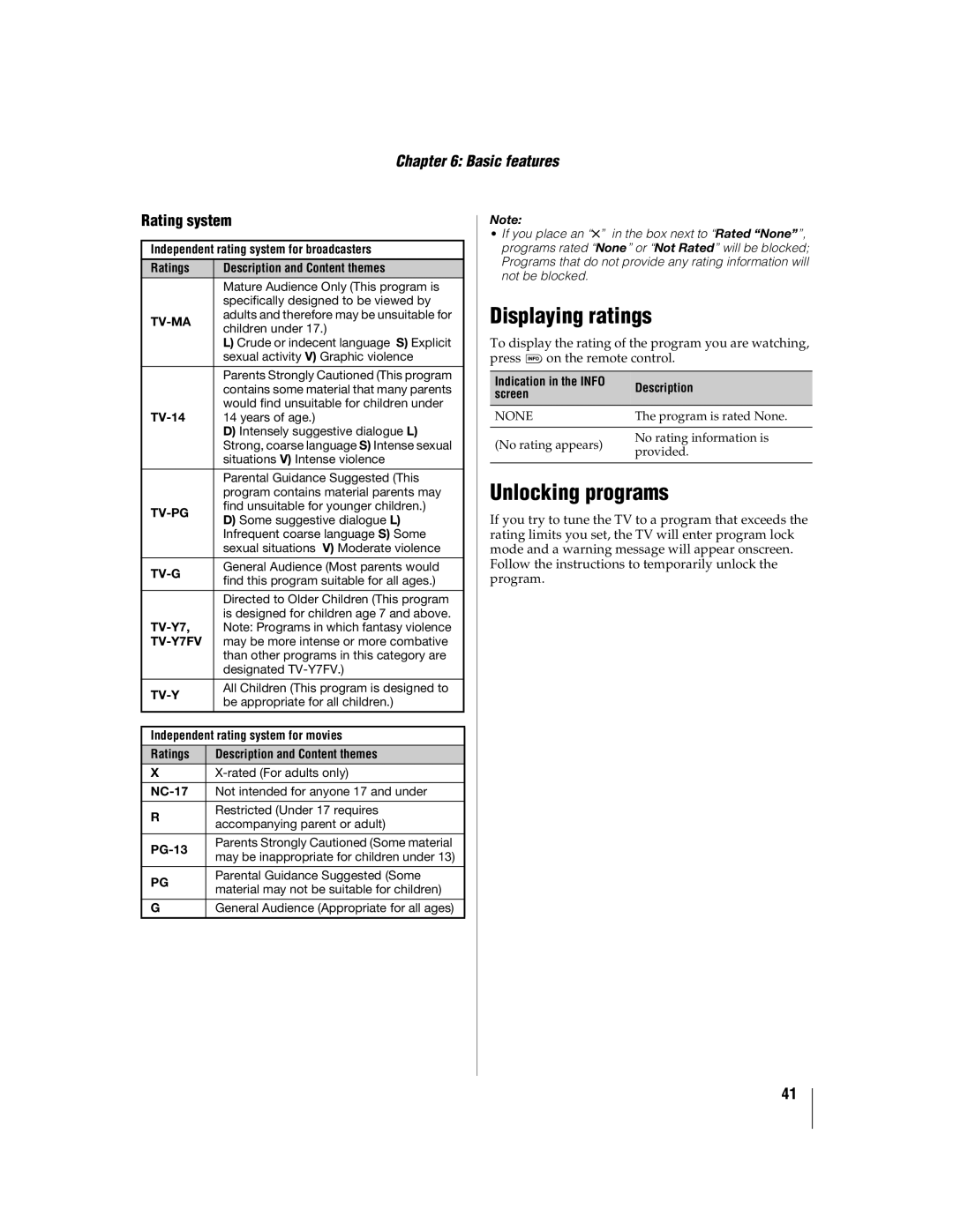 Toshiba 55WX800U, 46WX800U manual Displaying ratings, Unlocking programs, Rating system 