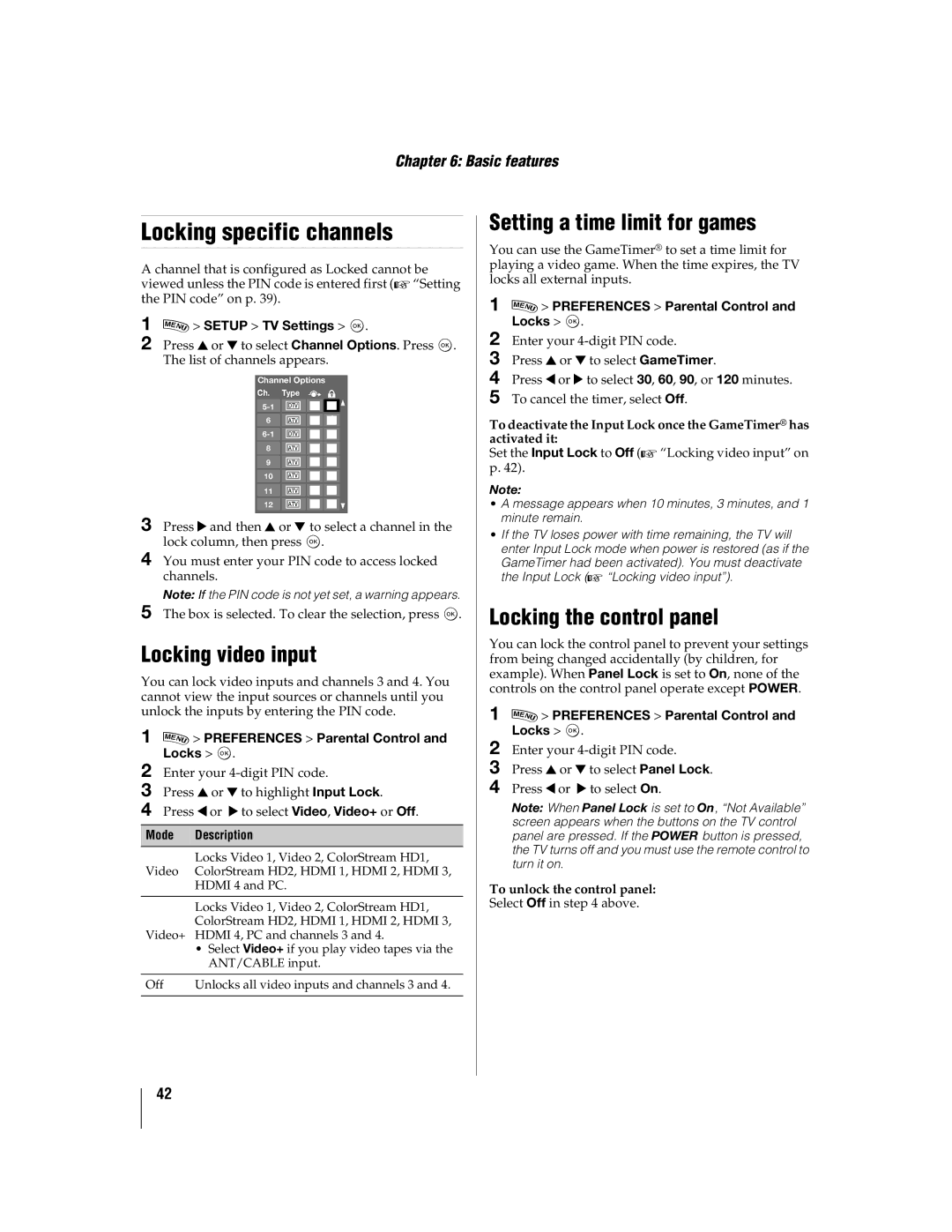 Toshiba 46WX800U Locking specific channels, Locking video input, Setting a time limit for games, Locking the control panel 
