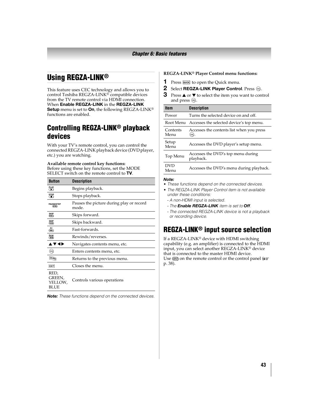 Toshiba 46WX800, 55WX800, WX800U Using REGZA-LINK, Controlling REGZA-LINKplayback devices, REGZA-LINKinput source selection 