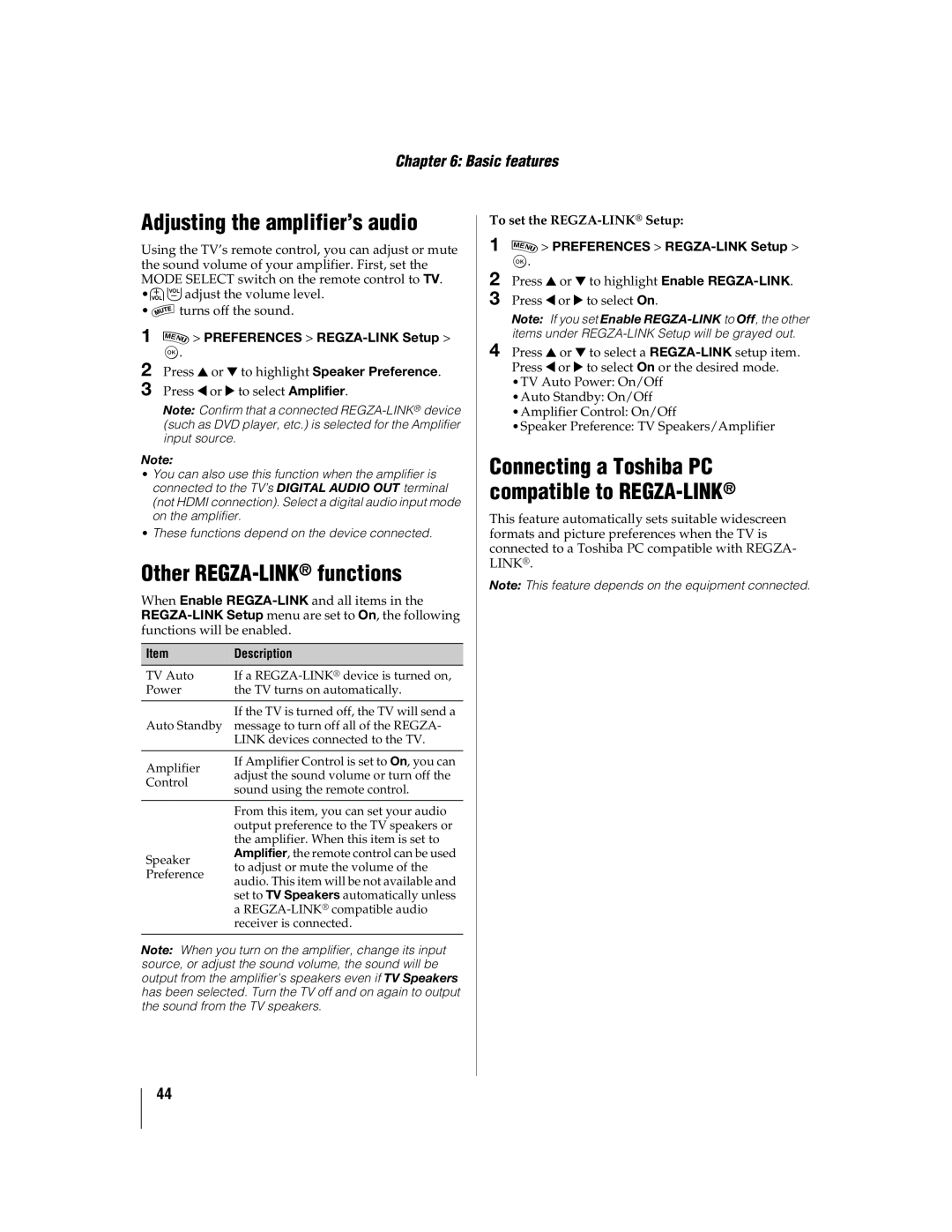 Toshiba 55WX800U, 46WX800U Adjusting the amplifier’s audio, Other REGZA-LINKfunctions, Preferences REGZA-LINK Setup 