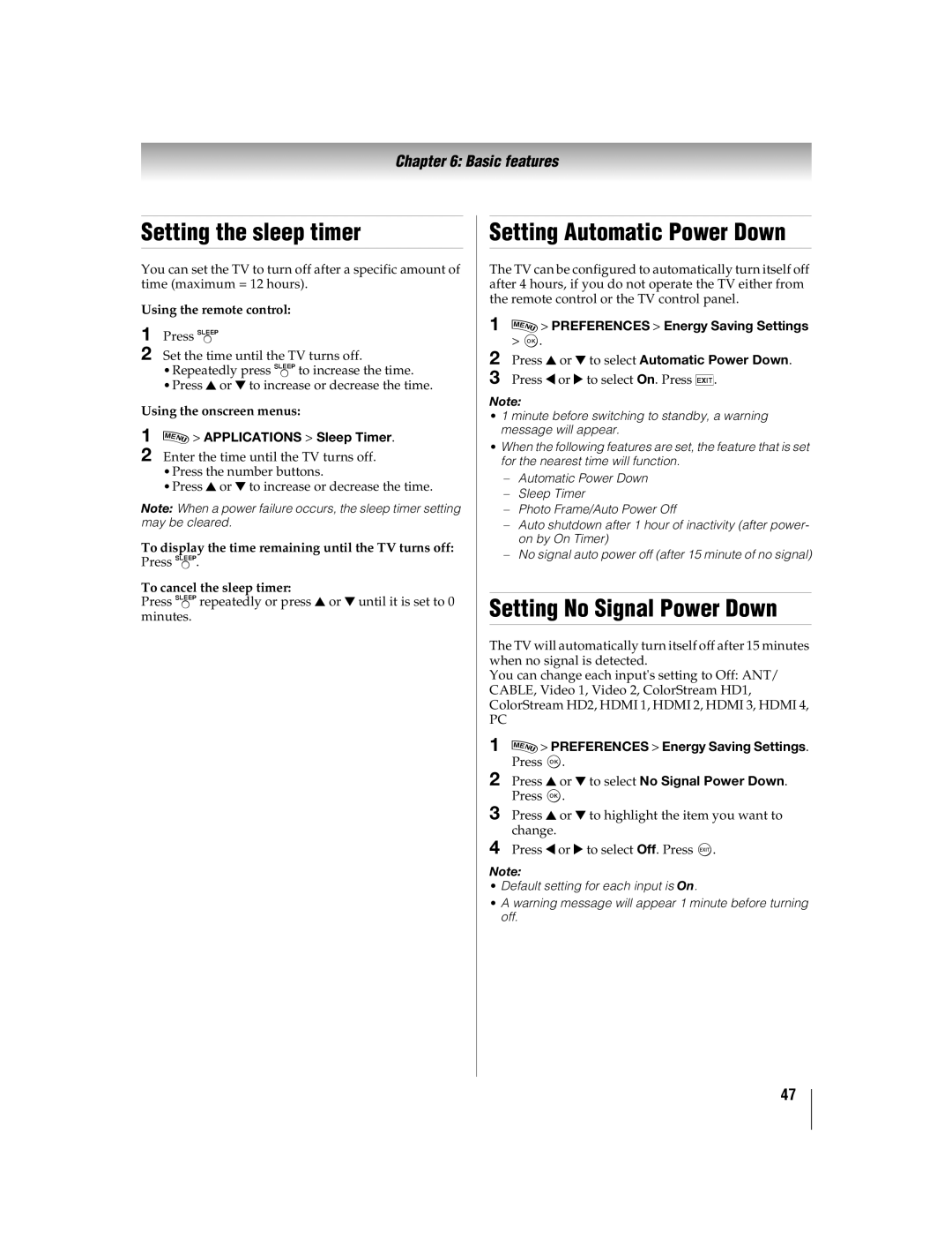 Toshiba 46WX800U, 55WX800U manual Setting the sleep timer, Setting Automatic Power Down, Setting No Signal Power Down 