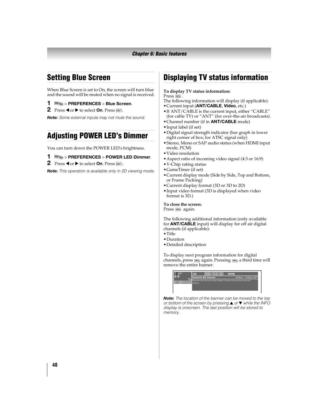 Toshiba 55WX800U, 46WX800U manual Setting Blue Screen, Adjusting Power LED’s Dimmer, Displaying TV status information 