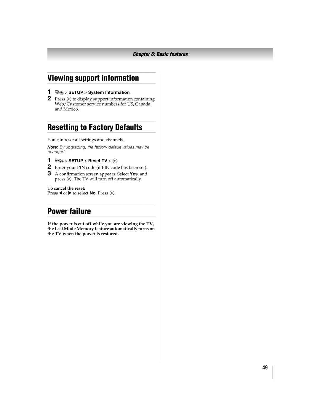 Toshiba WX800U manual Viewing support information, Resetting to Factory Defaults, Power failure, Setup System Information 