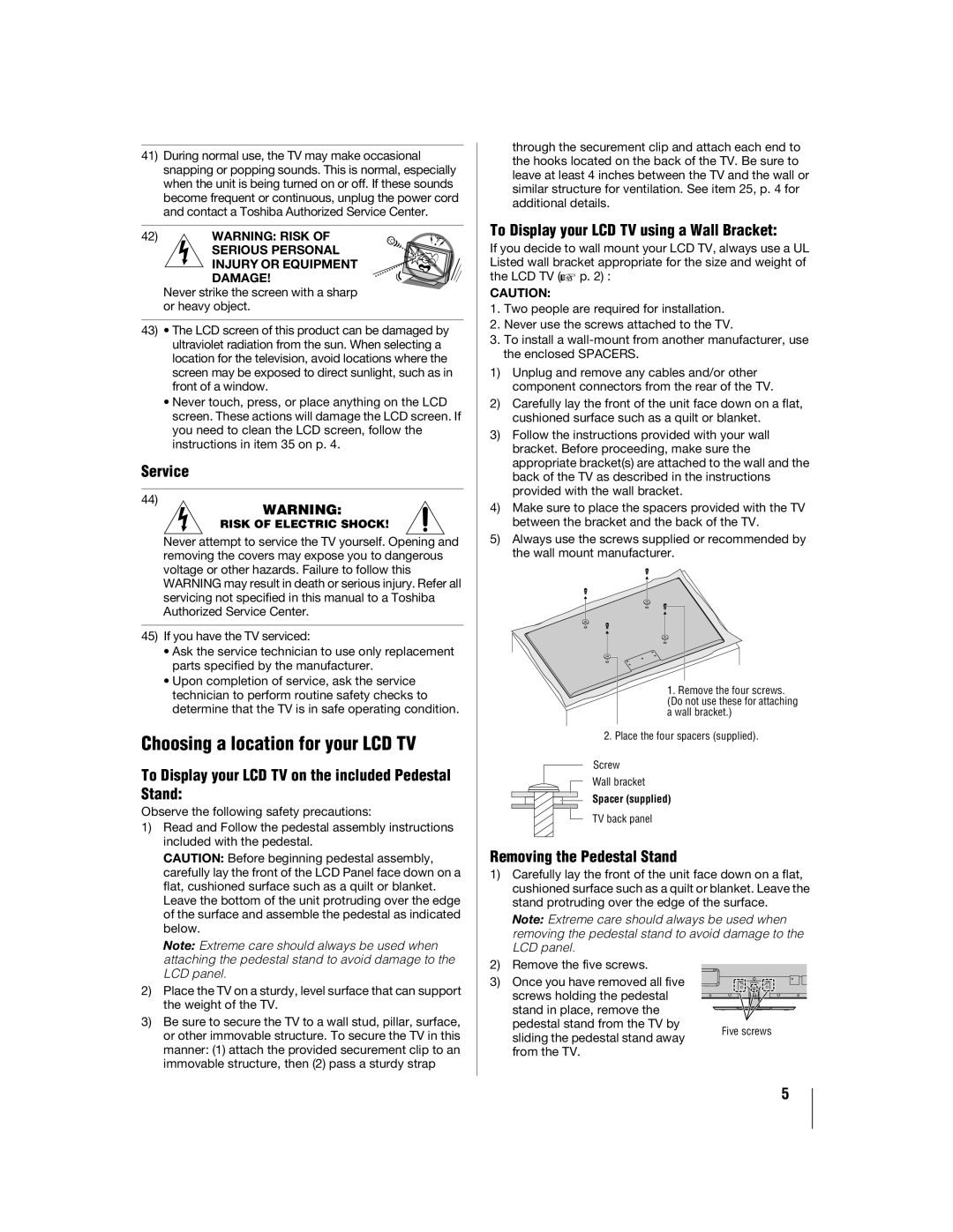 Toshiba 55WX800U, 46WX800U Service, To Display your LCD TV on the included Pedestal Stand, Removing the Pedestal Stand 