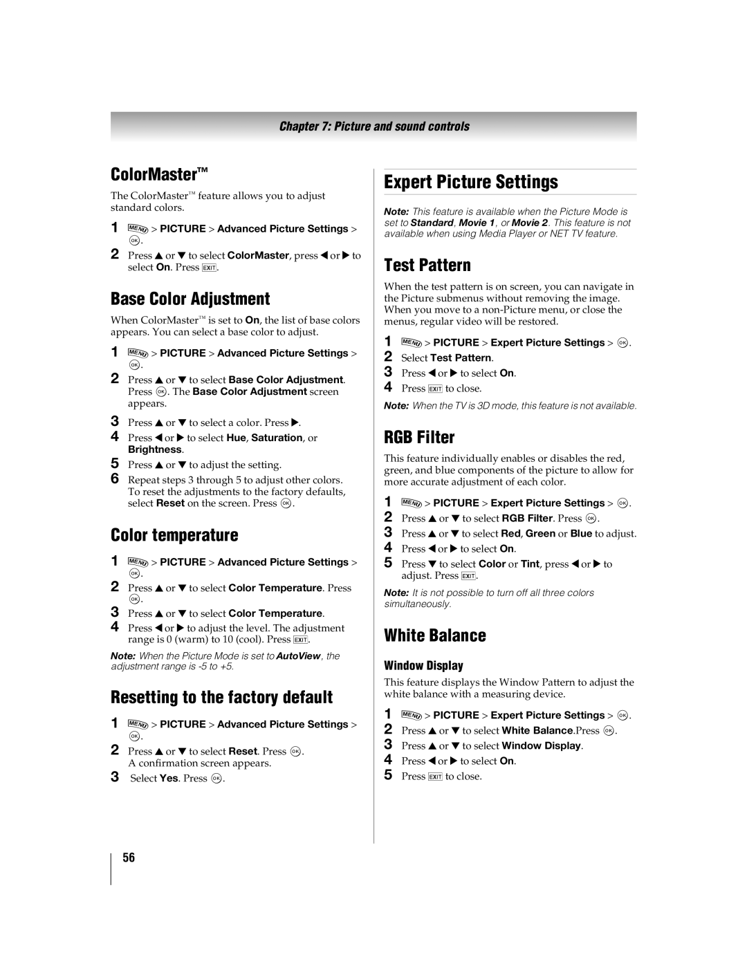 Toshiba 55WX800U, 46WX800U manual Expert Picture Settings 