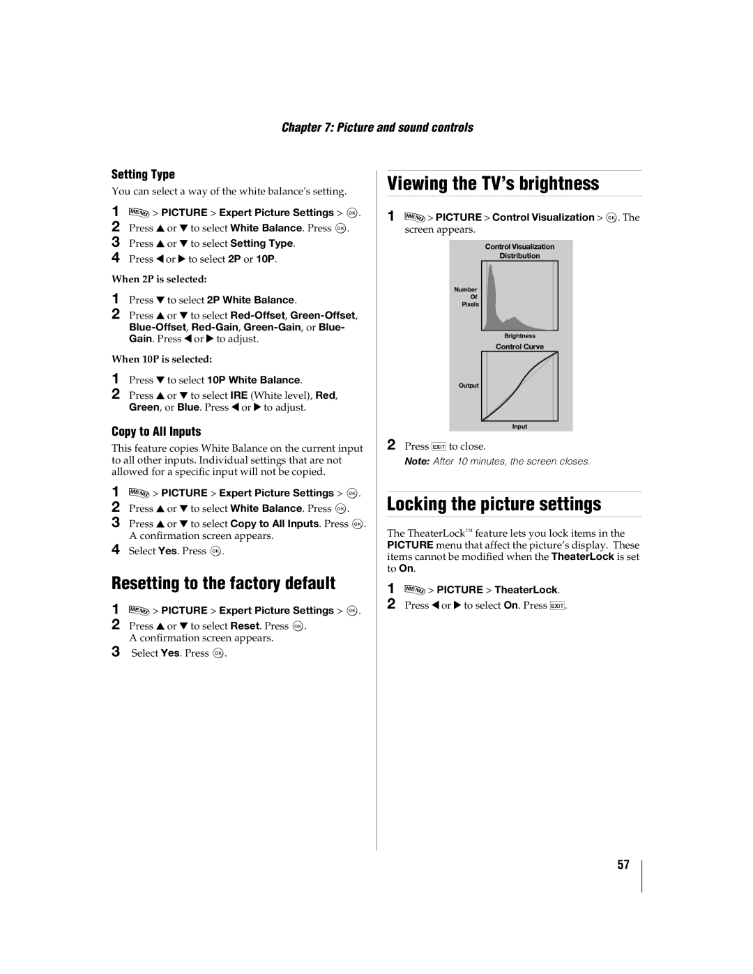 Toshiba 46WX800U, 55WX800 manual Viewing the TV’s brightness, Locking the picture settings, Setting Type, Copy to All Inputs 