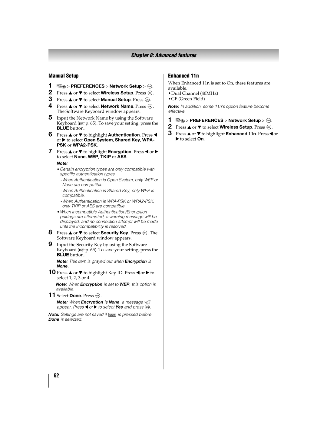 Toshiba 46WX800U, 55WX800U manual Manual Setup, Enhanced 11n 