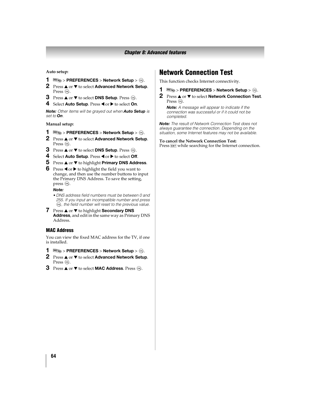 Toshiba 55WX800U, 46WX800U manual MAC Address, To cancel the Network Connection Test 