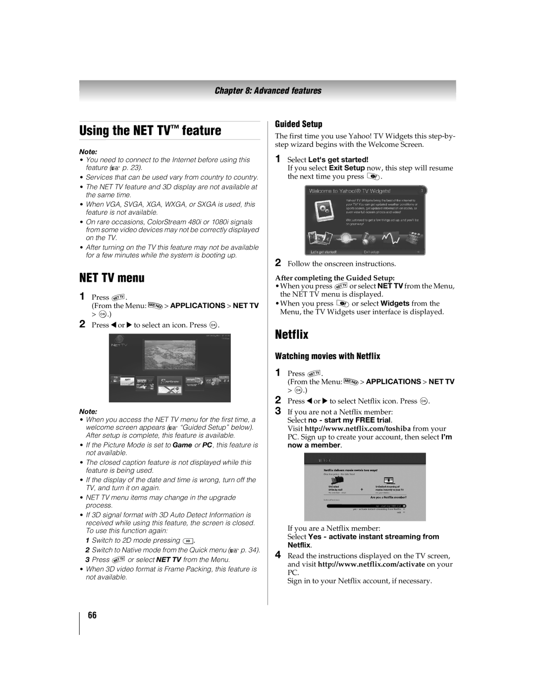 Toshiba 55WX800U, 46WX800U manual Using the NET TV feature, NET TV menu, Guided Setup, Watching movies with Netflix 