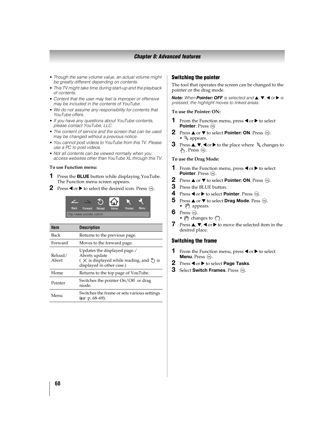Toshiba 46WX800, 55WX800U manual Switching the pointer, Switching the frame, To use Function menu, To use the Pointer on 