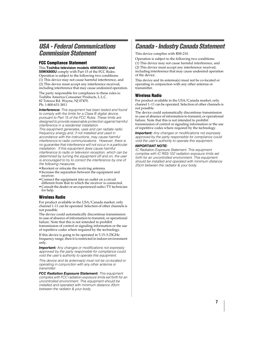 Toshiba 46WX800U, 55WX800U manual FCC Compliance Statement, Wireless Radio 