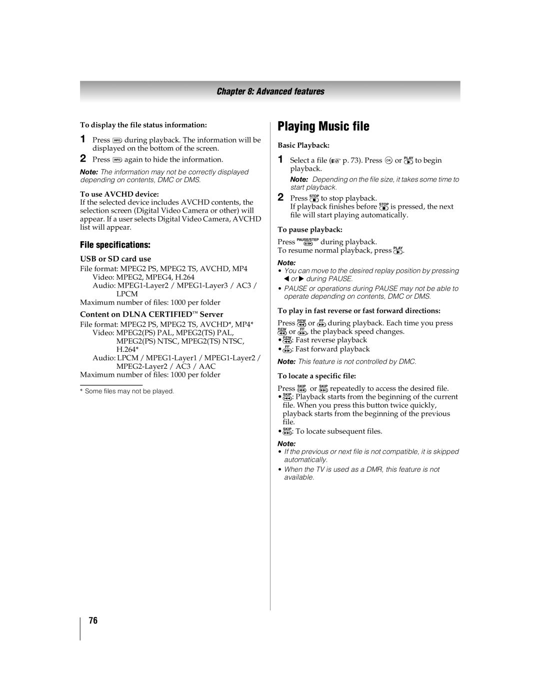 Toshiba 55WX800U Playing Music file, File specifications, To display the file status information, To use Avchd device 