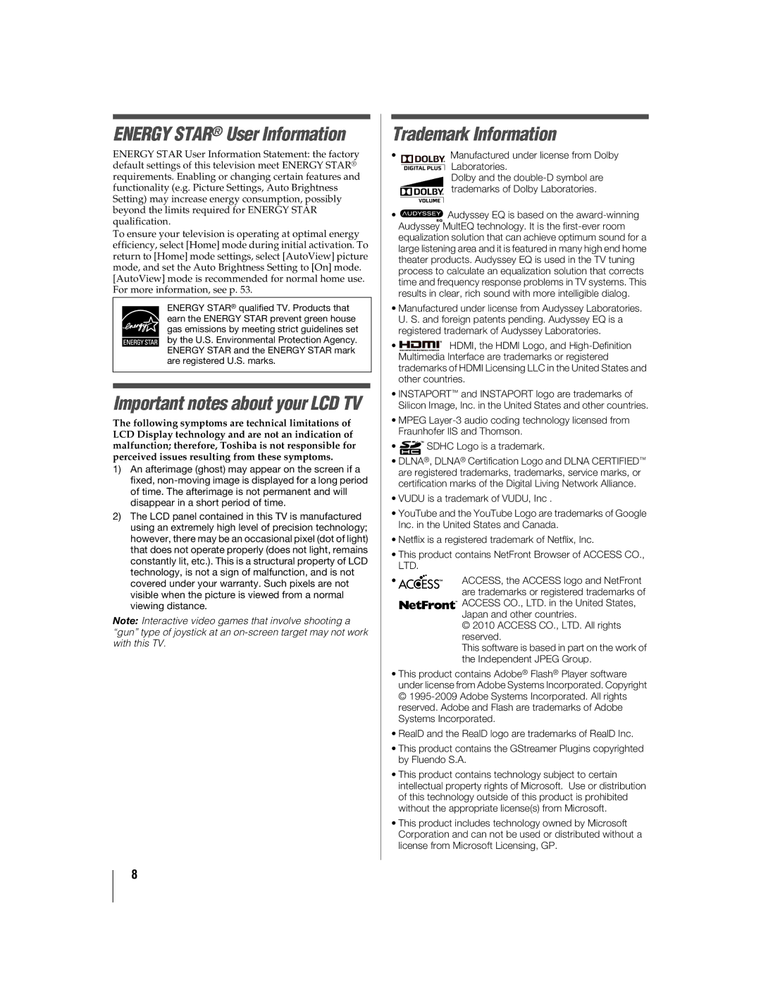 Toshiba 55WX800U, 46WX800U manual Trademark Information 