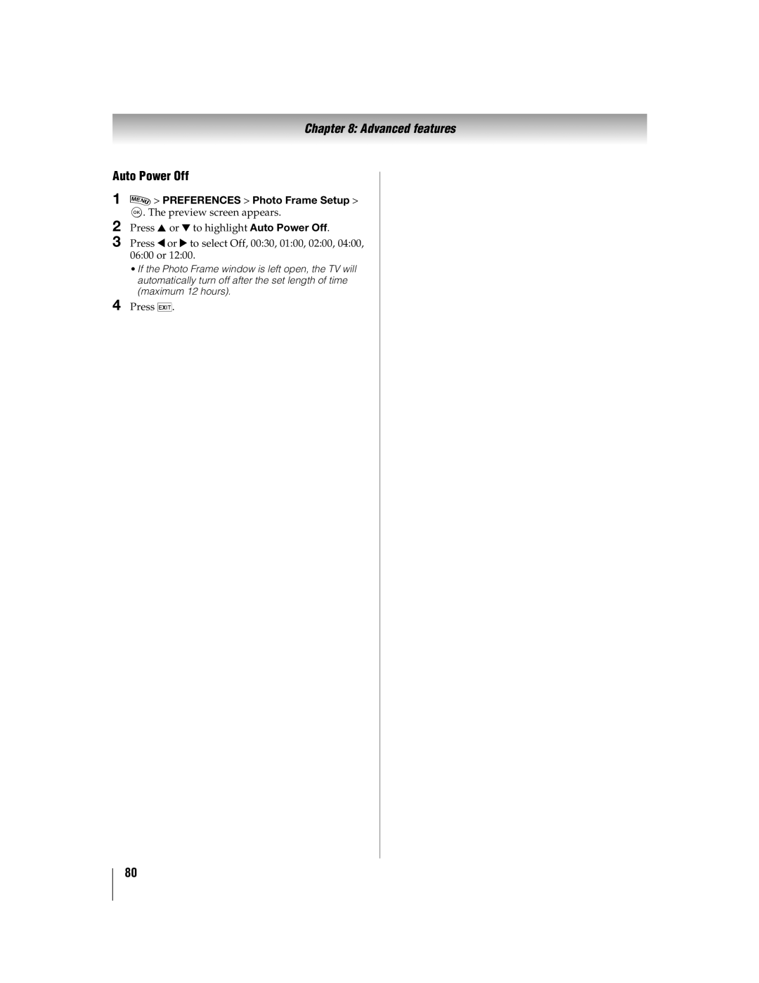 Toshiba 55WX800U, 46WX800U manual Auto Power Off 