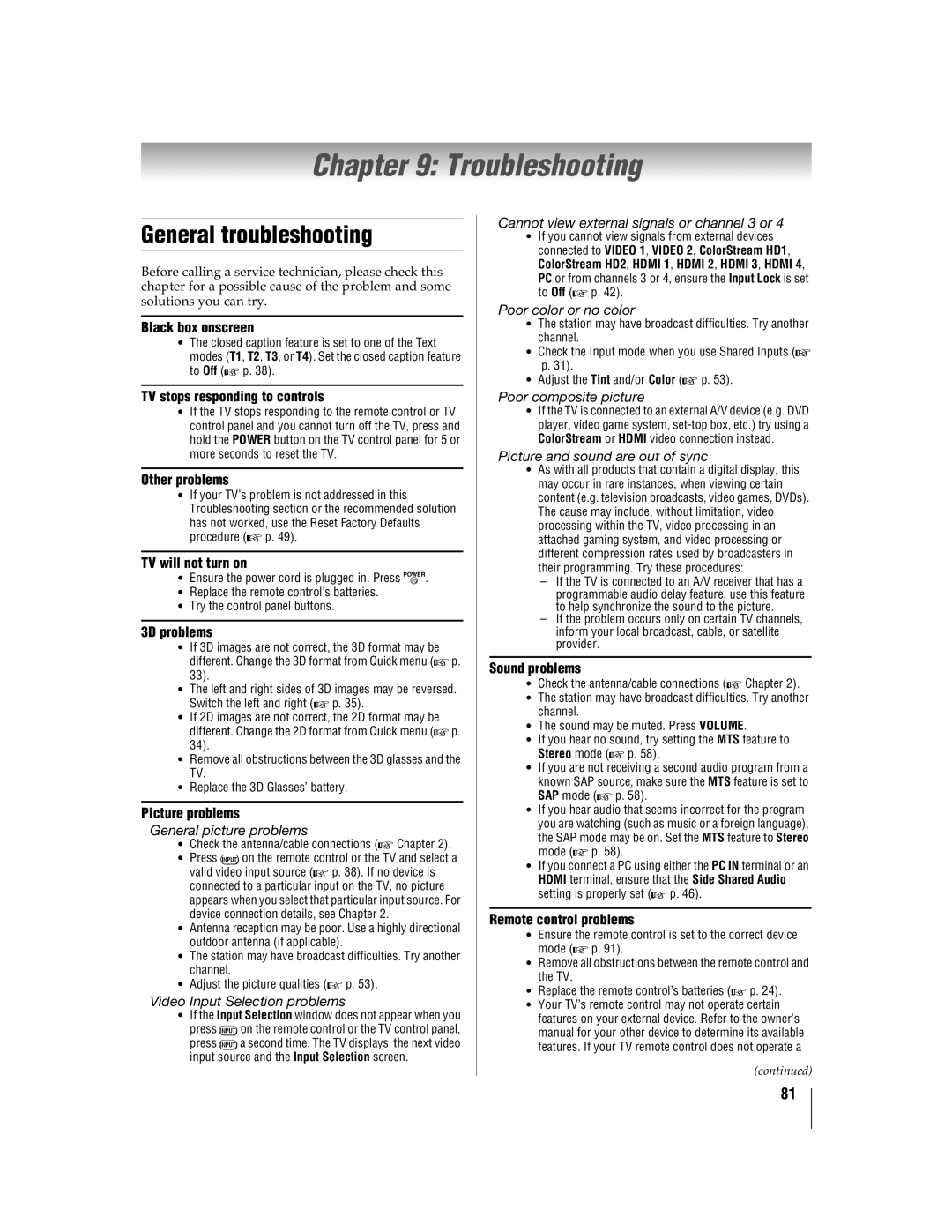 Toshiba 55WX800U, 46WX800U manual Troubleshooting, General troubleshooting 