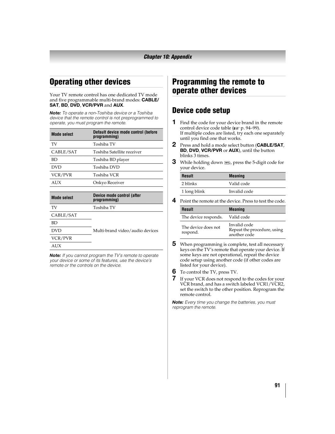 Toshiba 55WX800U, 46WX800U Operating other devices, Programming the remote to operate other devices, Device code setup 