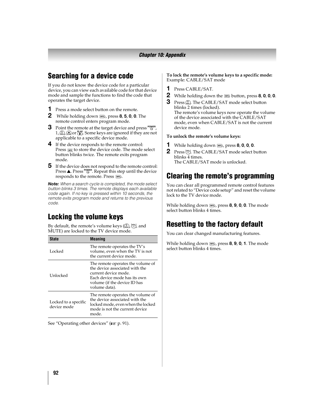 Toshiba 46WX800U Searching for a device code, Locking the volume keys, Clearing the remote’s programming, StateMeaning 