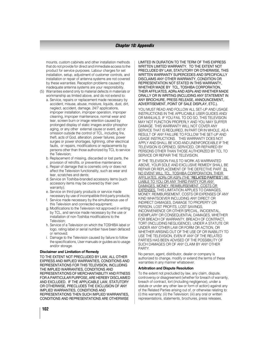 Toshiba 46WX800U, 55WX800U manual Appendix, Disclaimer and Limitation of Remedy, Arbitration and Dispute Resolution 