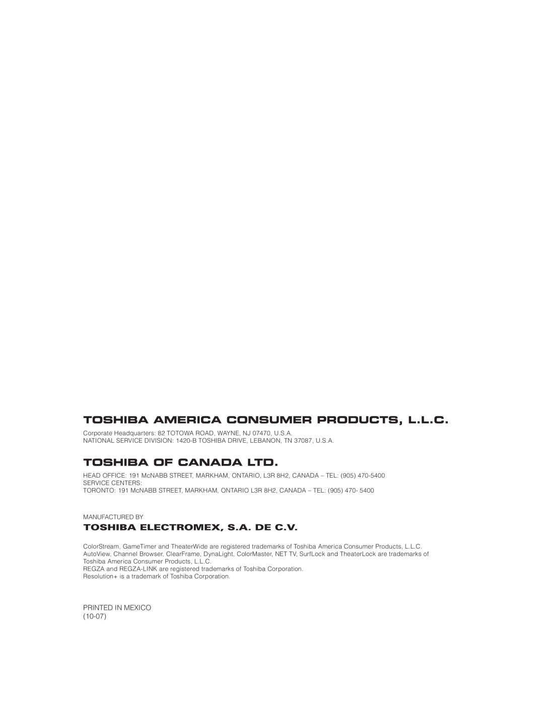 Toshiba 55WX800U, 46WX800U manual Printed In Mexico 