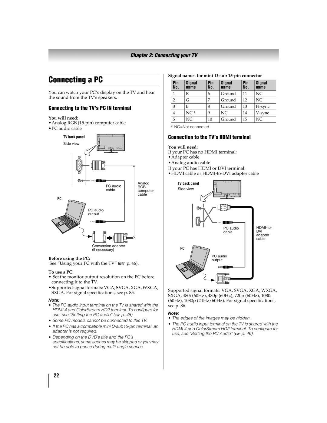Toshiba 46WX800U Connecting a PC, Connecting to the TV’s PC IN terminal, Connection to the TV’s HDMI terminal, To use a PC 