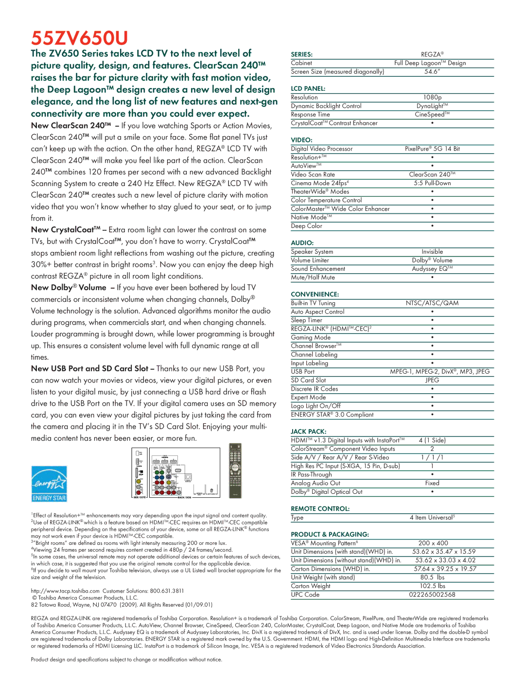 Toshiba 55ZV650U manual Series, LCD Panel, Video, Audio, Convenience, Jack Pack, Remote Control, Product & Packaging 