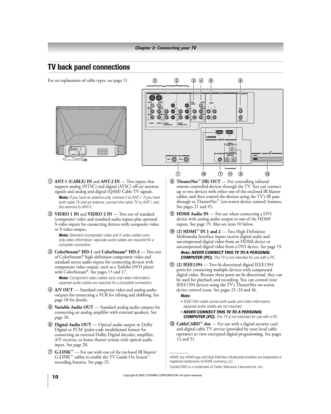 Toshiba 56HM195 owner manual TV back panel connections, 7 !¡ 