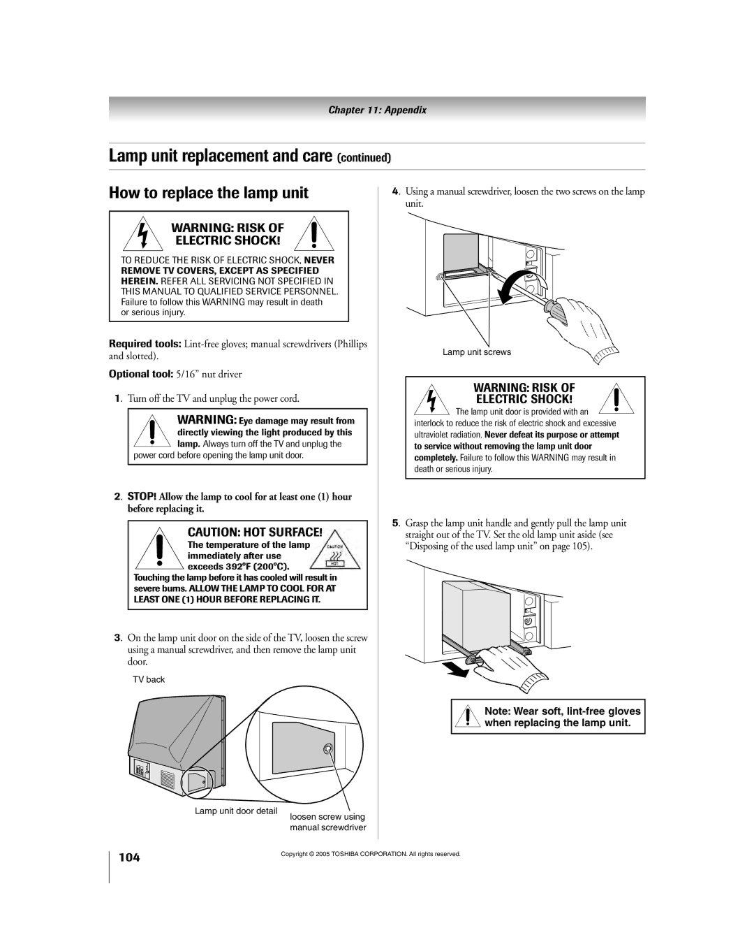 Toshiba 56HM195 owner manual How to replace the lamp unit, Grasp the lamp unit handle and gently pull the lamp unit 