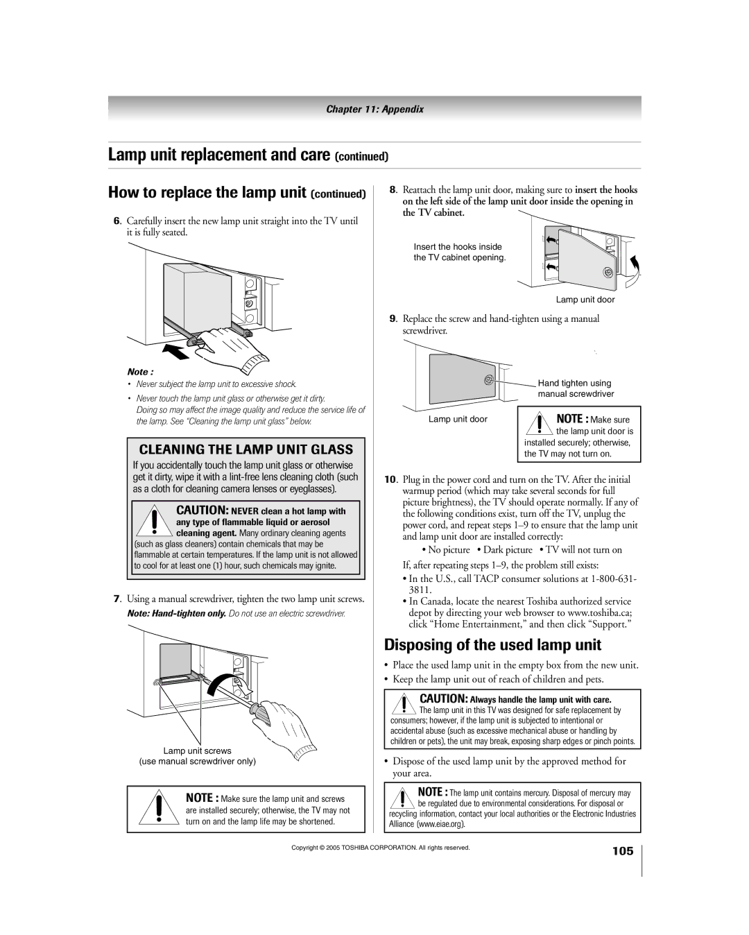 Toshiba 56HM195 owner manual Disposing of the used lamp unit, U.S., call Tacp consumer solutions at 1-800-631 