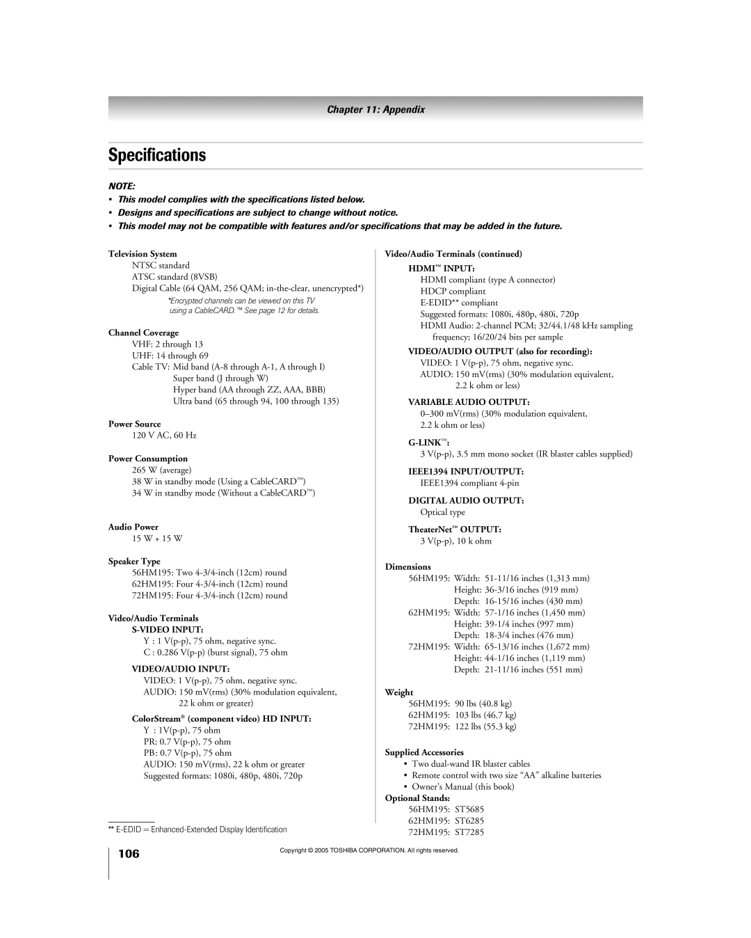 Toshiba 56HM195 owner manual Specifications, Edid = Enhanced-Extended Display Identification 