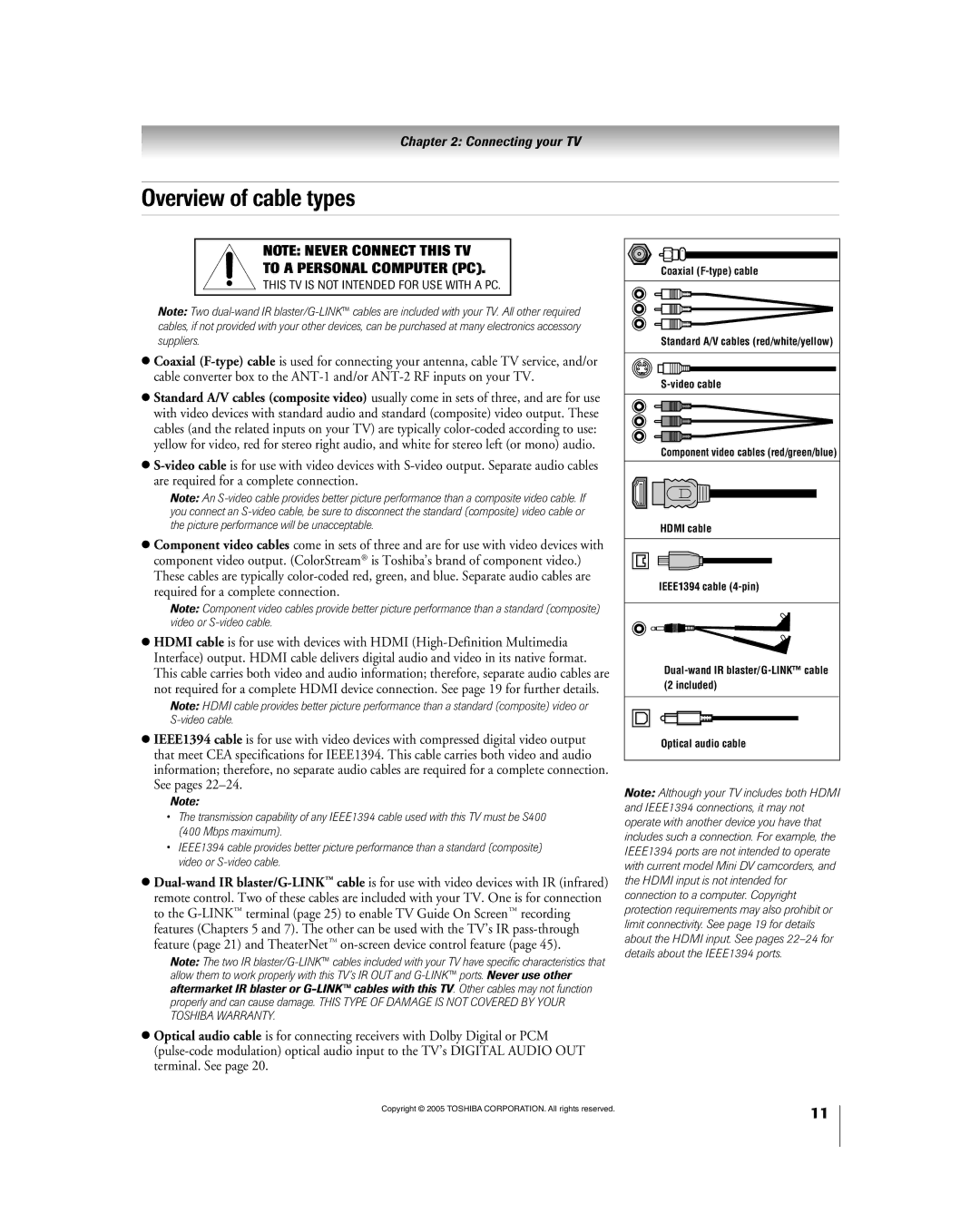 Toshiba 56HM195 owner manual Overview of cable types, To a Personal Computer PC 