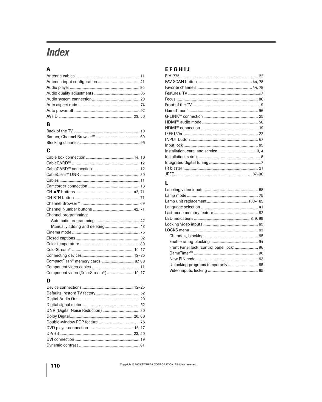 Toshiba 56HM195 owner manual Index, Channel programming, 87-90 