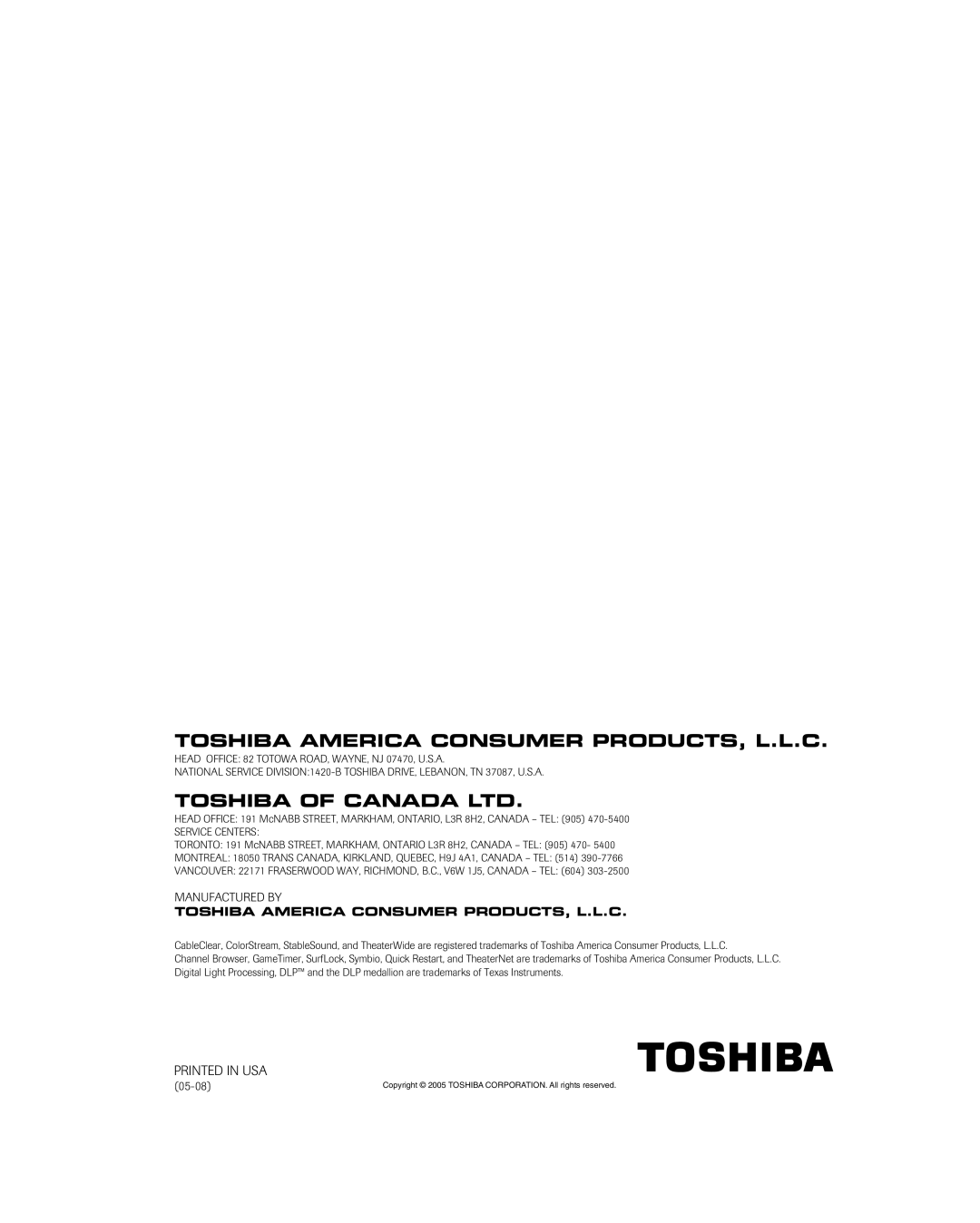 Toshiba 56HM195 owner manual Toshiba America Consumer PRODUCTS, L.L.C 