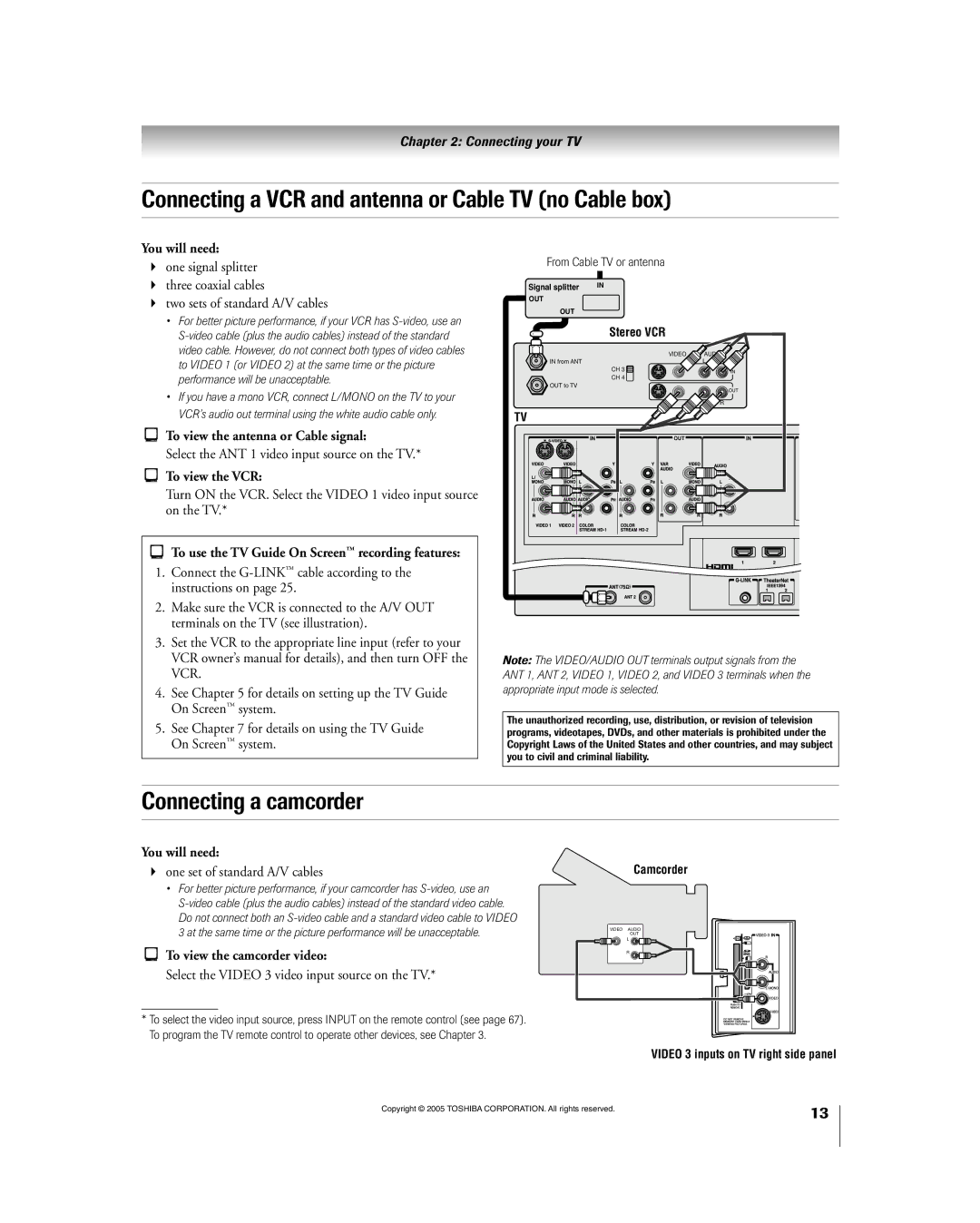 Toshiba 56HM195 owner manual Connecting a VCR and antenna or Cable TV no Cable box, Connecting a camcorder 