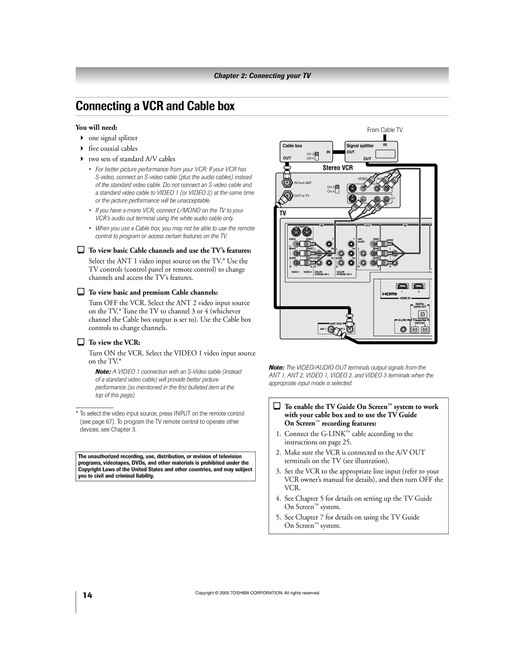 Toshiba 56HM195 Connecting a VCR and Cable box, Two sets of standard A/V cables, To view basic and premium Cable channels 