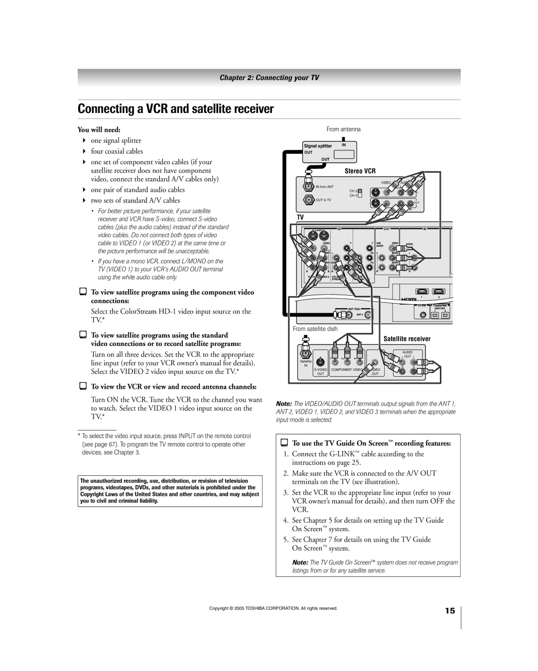 Toshiba 56HM195 Connecting a VCR and satellite receiver, Select the ColorStream HD-1 video input source on the TV 