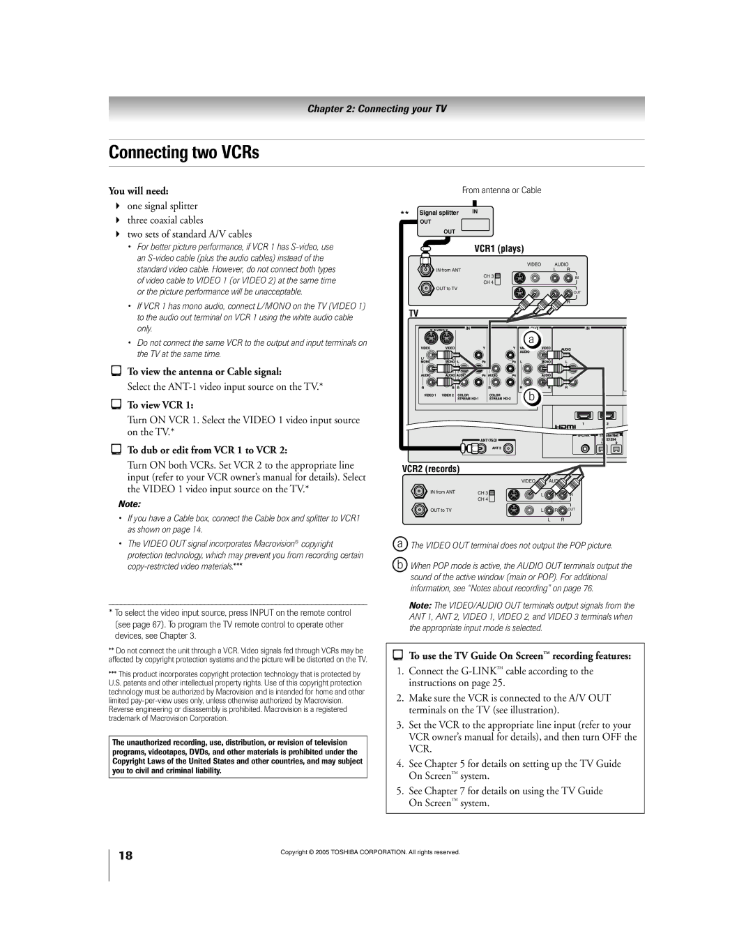 Toshiba 56HM195 Connecting two VCRs, To view the antenna or Cable signal, Select the ANT-1 video input source on the TV 