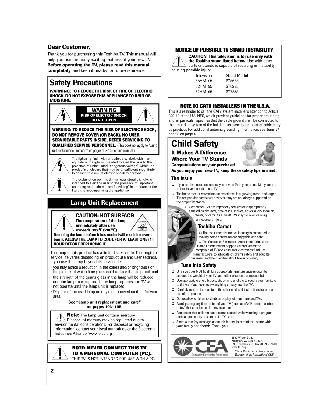 Toshiba 56HM195 owner manual Safety Precautions, Stand Model, Consumers and their families about television safety 