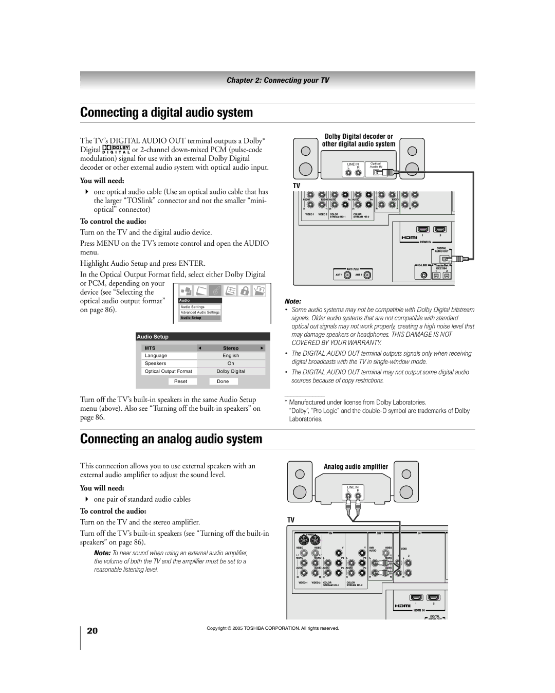 Toshiba 56HM195 owner manual Connecting a digital audio system, Connecting an analog audio system, To control the audio 