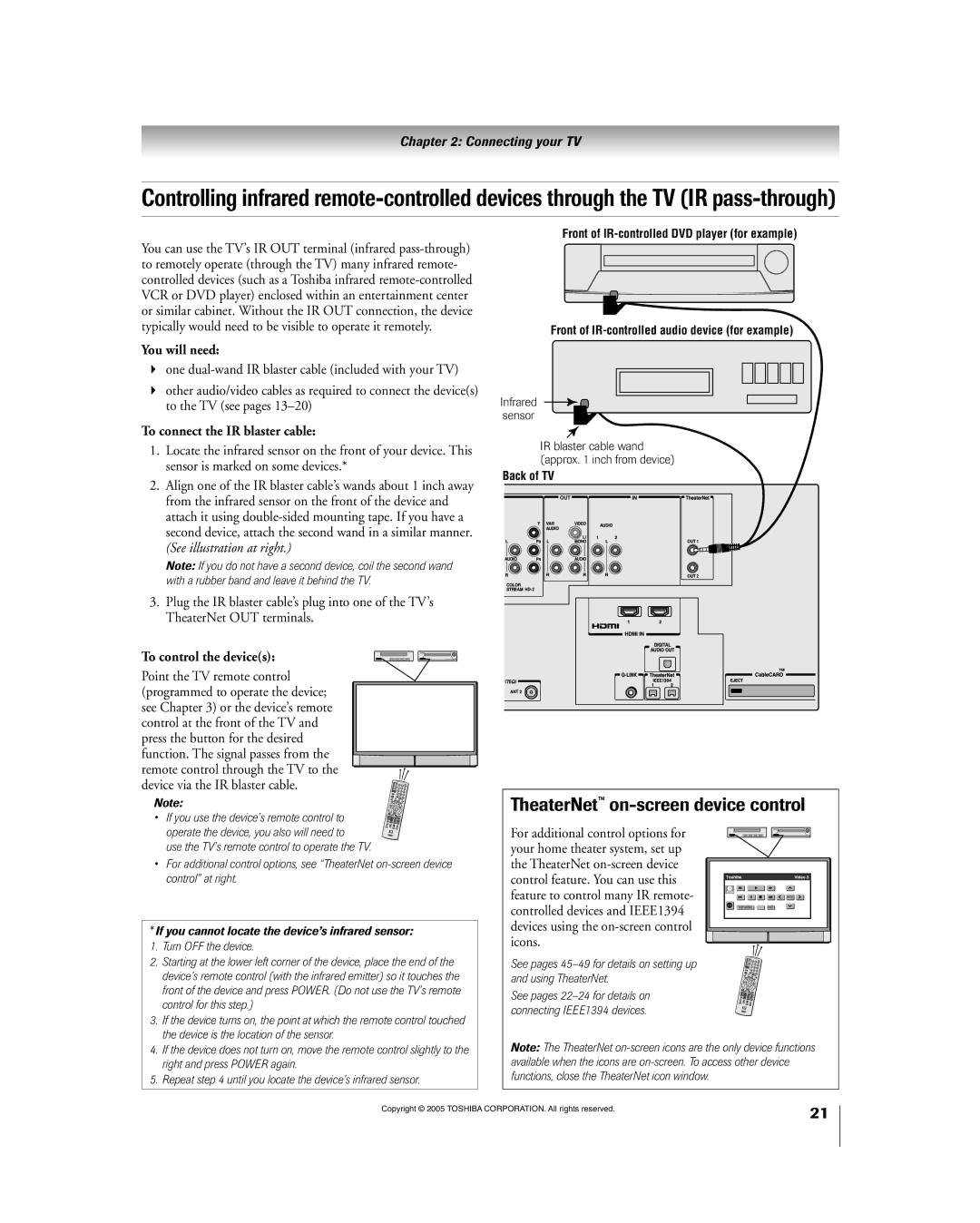 Toshiba 56HM195 owner manual TheaterNetª on-screen device control, To connect the IR blaster cable, To control the devices 