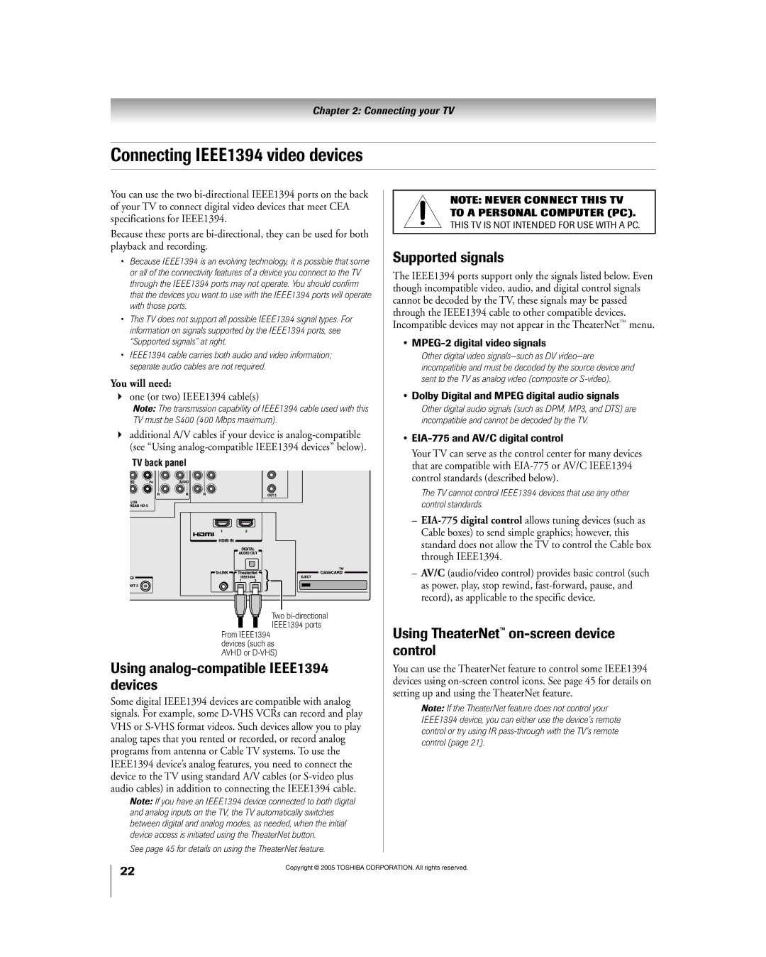 Toshiba 56HM195 owner manual Connecting IEEE1394 video devices, Using analog-compatible IEEE1394 devices, Supported signals 