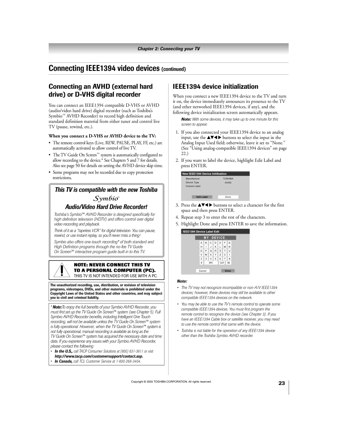 Toshiba 56HM195 owner manual IEEE1394 device initialization, When you connect a D-VHS or Avhd device to the TV 