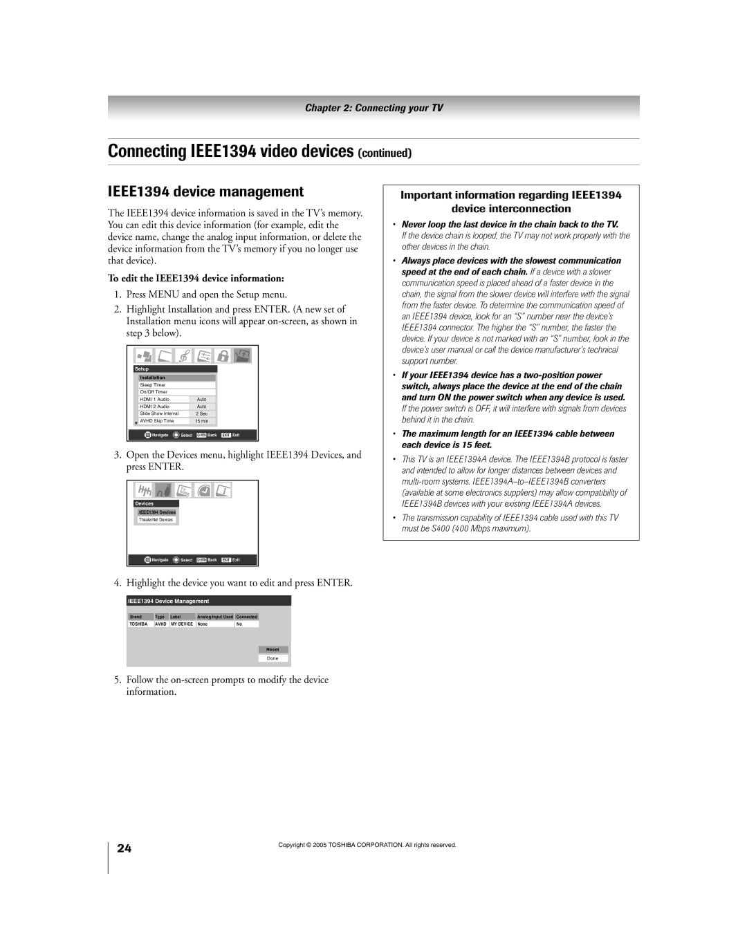 Toshiba 56HM195 owner manual IEEE1394 device management, To edit the IEEE1394 device information 