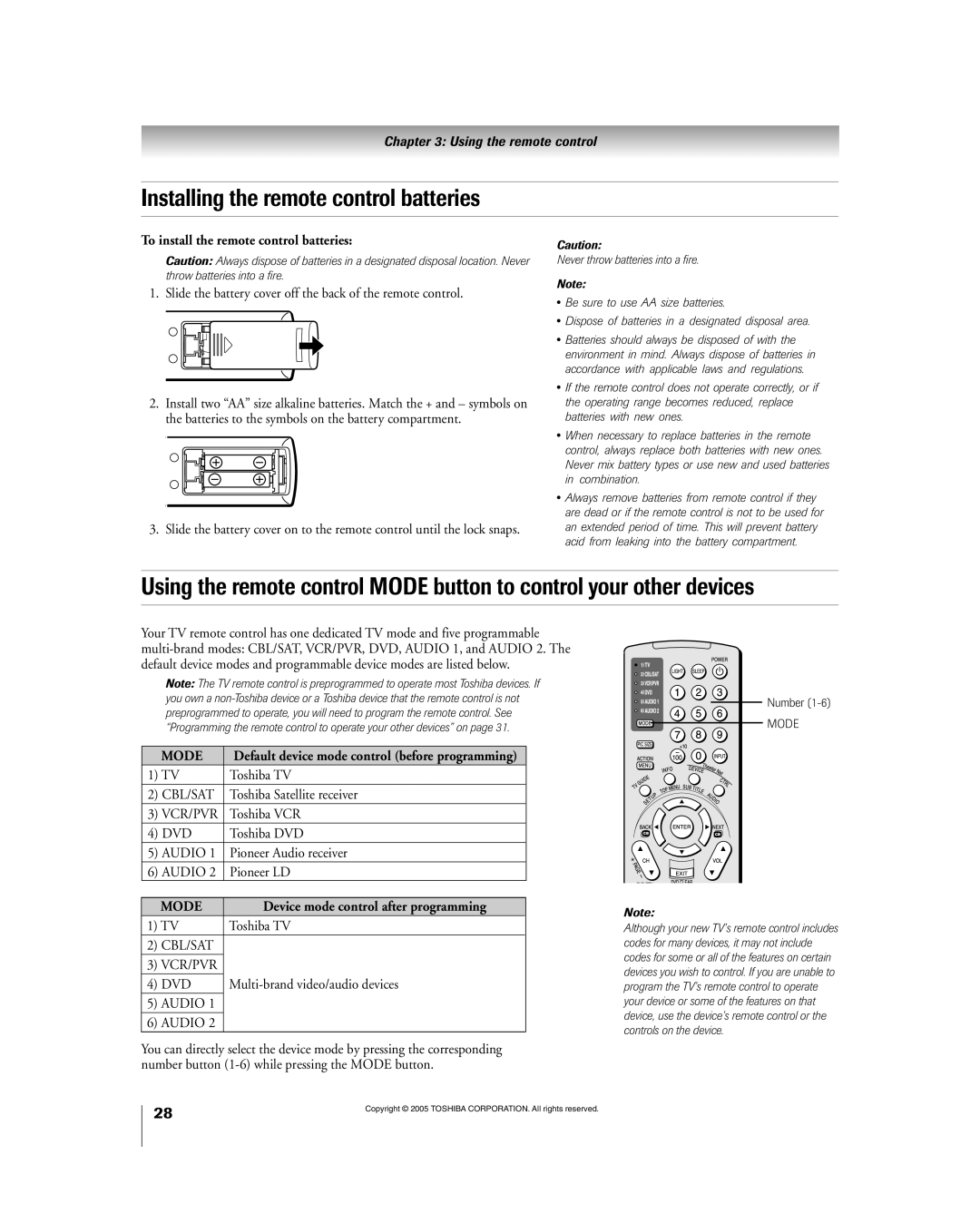 Toshiba 56HM195 owner manual Installing the remote control batteries, To install the remote control batteries 