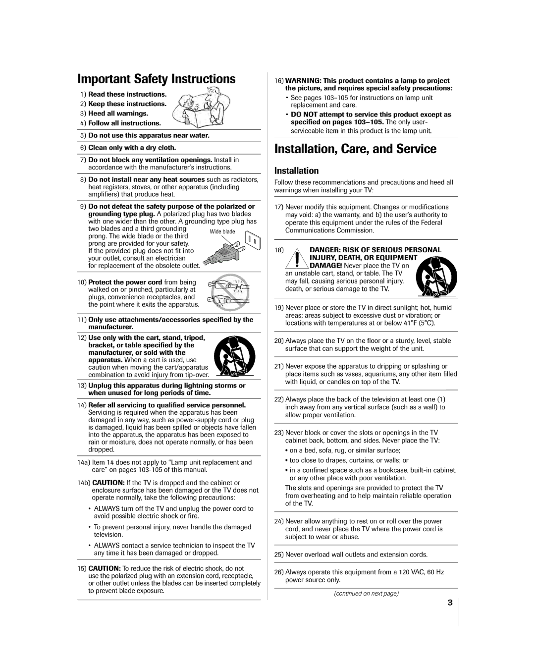 Toshiba 56HM195 Important Safety Instructions, Installation, Care, and Service, For replacement of the obsolete outlet 