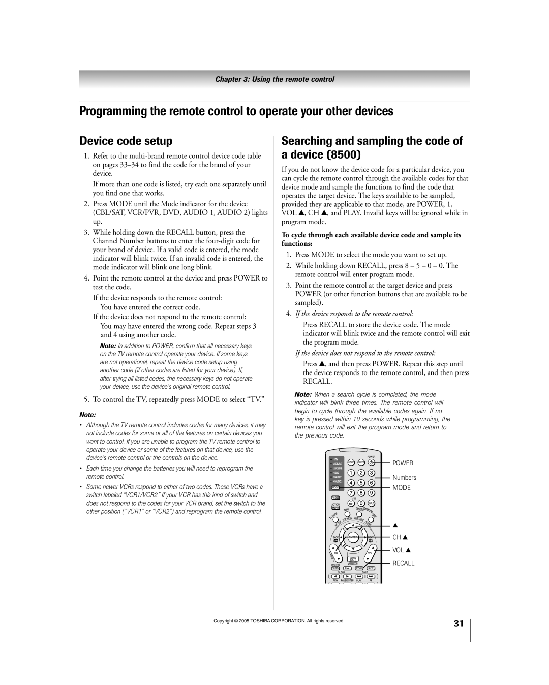 Toshiba 56HM195 owner manual Device code setup, Searching and sampling the code of a device 