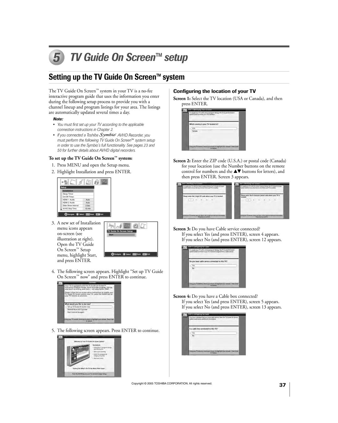 Toshiba 56HM195 TV Guide On Screen setup, Setting up the TV Guide On Screenª system, Configuring the location of your TV 